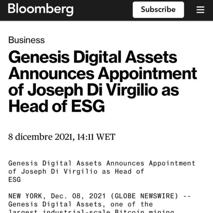 Bloomberg: Genesis Digital Assets announces appointment of Joseph Di Virgilio as Head of ESG